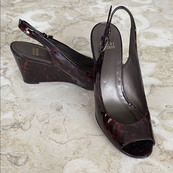 Stuart Weitzman Tortoise Shell Patent Leather Peep Toe Wedge Slingback Heels - Picture 1 of 13